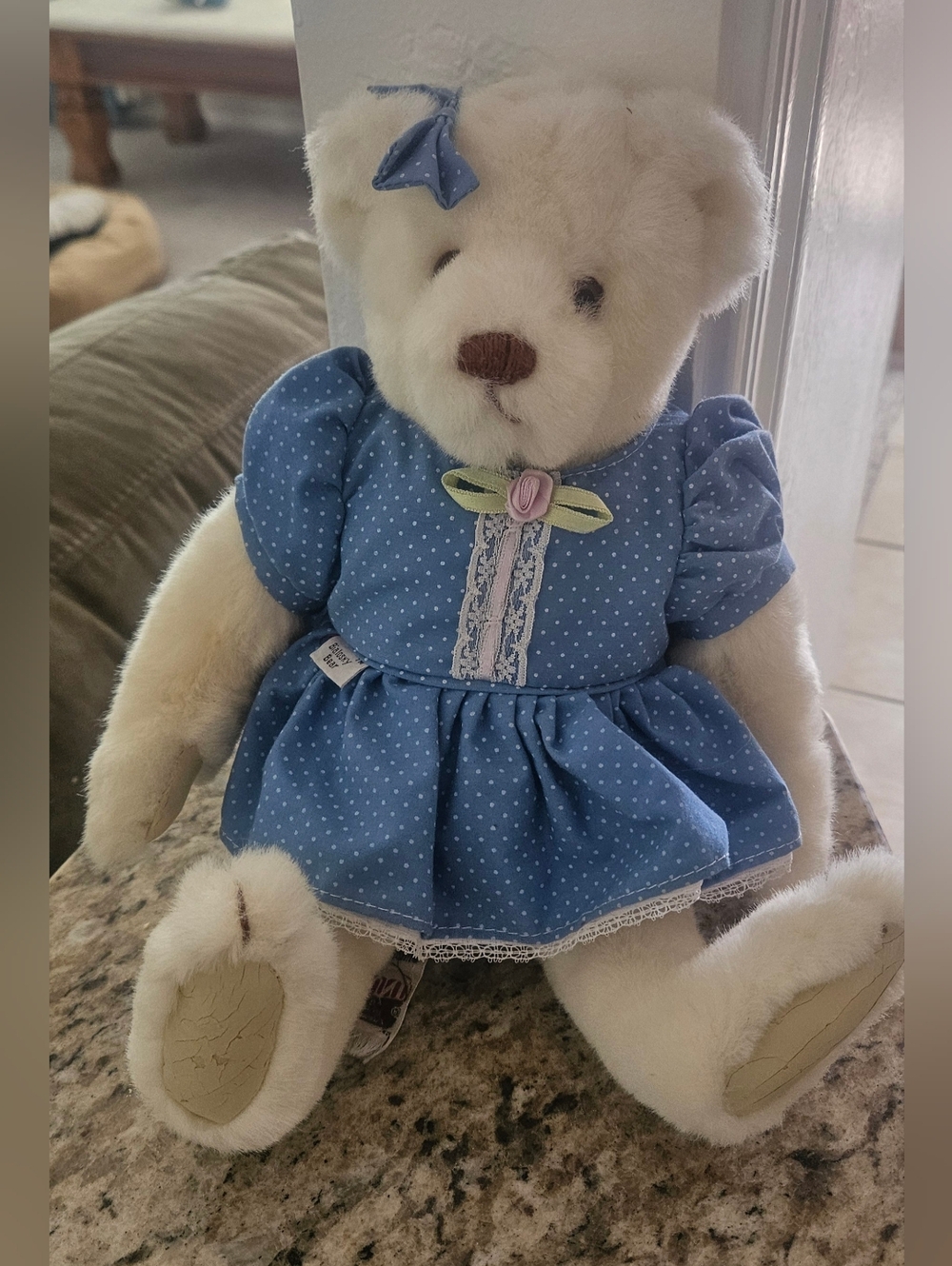 Vintage Bialosky Bear By Gund - White Plush Teddy Bear in Blue Polka Dot Dress